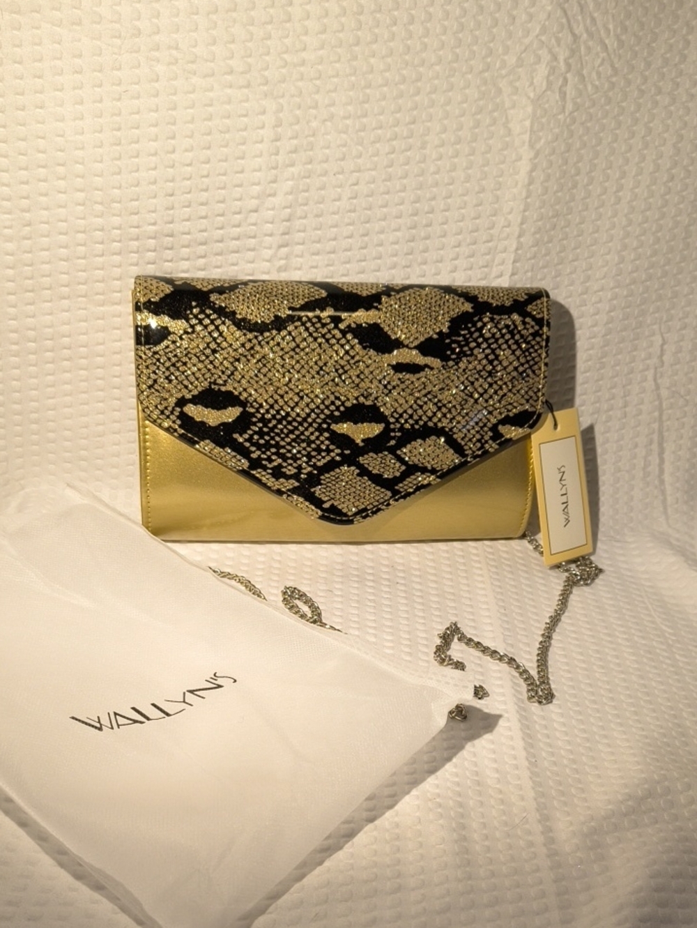 WALLYN'S Metallic Gold & Snake Print Envelope Convertible Bag. & Dustbag - Picture 1 of 11